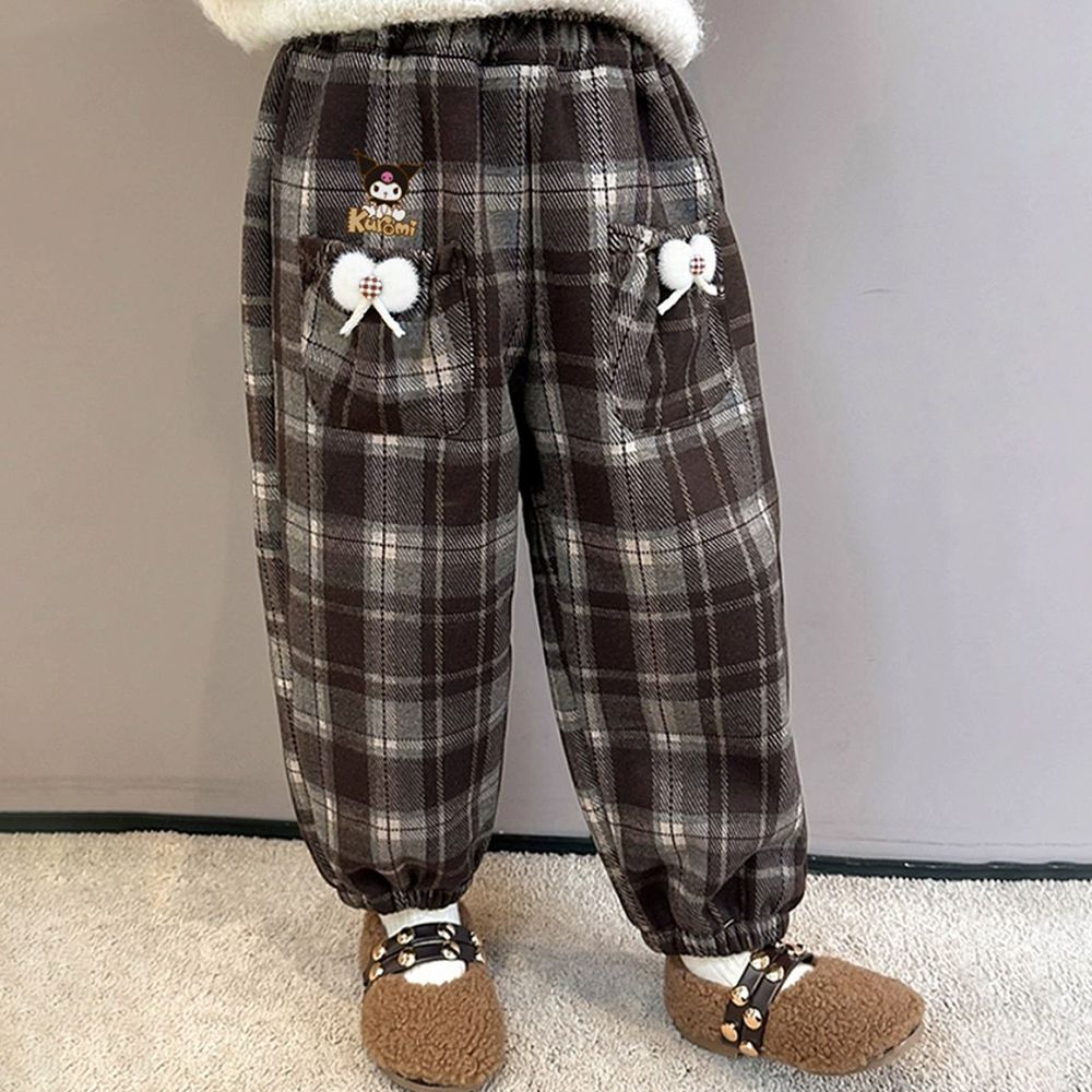 腰鬆緊毛呢格紋縮口長褲-卡通人物酷洛米-咖啡色