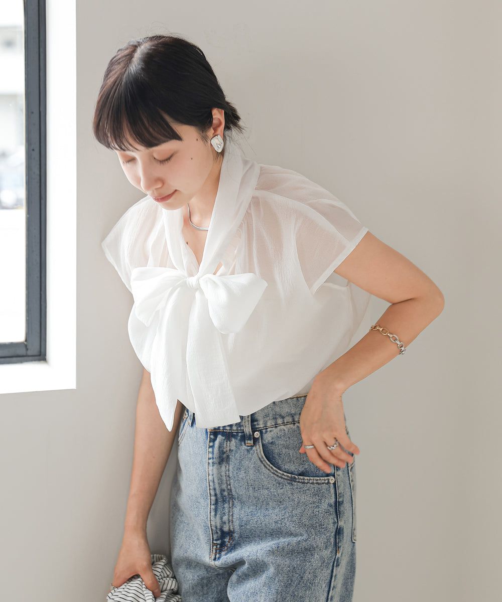 日本 Bab - 歐根紗紐結法式袖上衣-白