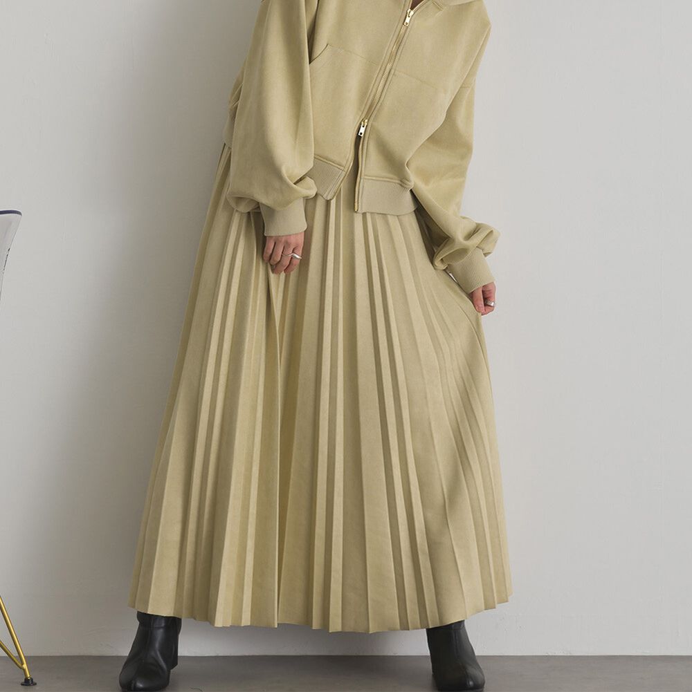 俐落低調麂皮百褶長裙-煙燻黃