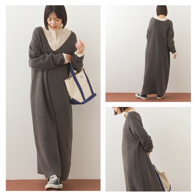 日本 OMNES - V領柔軟針織寬鬆感長袖洋裝-淺卡其