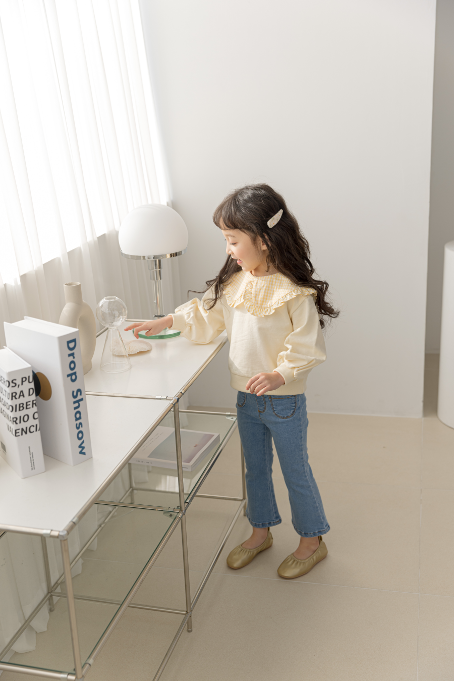 韓國 Orange Mom - 鬆緊腰牛仔喇叭褲-淺藍