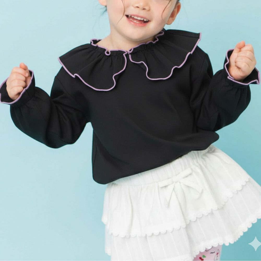 柔和滾邊荷葉領長袖上衣-炭灰