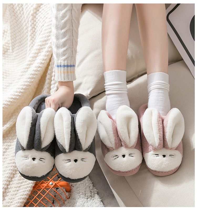 毛毛保暖室內拖鞋-大耳朵兔子-淡粉色