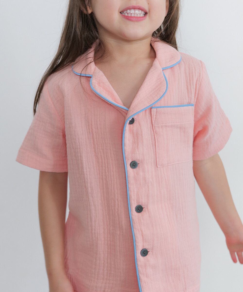 日本 riziere - 二重紗繽紛撞色滾邊家居服/睡衣-粉x藍