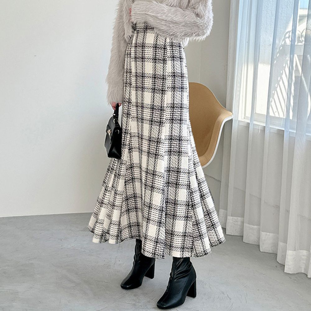 經典粗花呢格紋優雅魚尾裙-白系