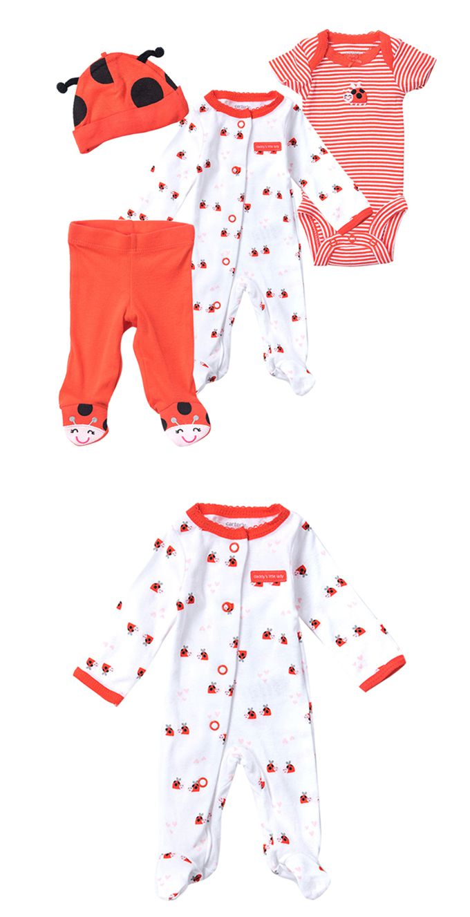 美國 Carter's - 小瓢蟲包屁衣+連身衣+長褲+帽子彌月4件組 (NB)