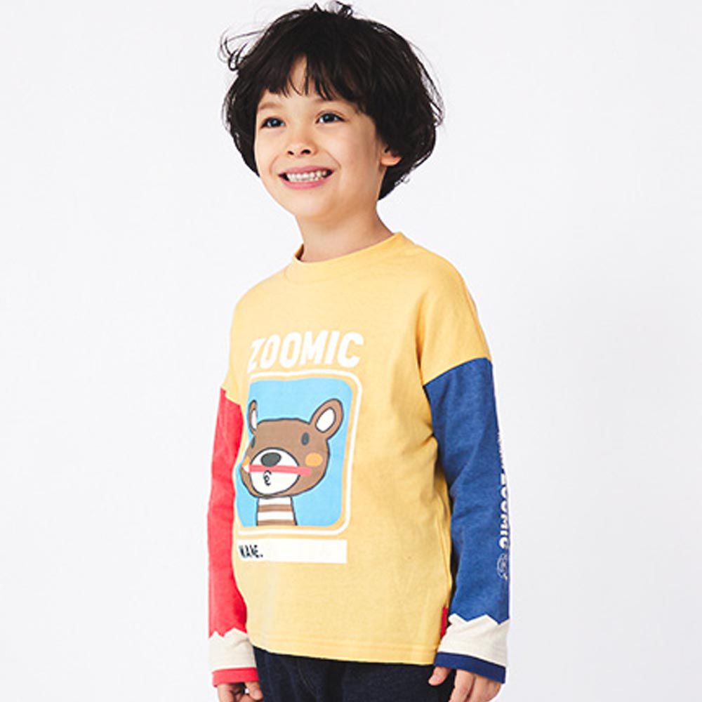 日本 ZOOLAND - 淘氣鉛筆小熊撞色長袖上衣-黃