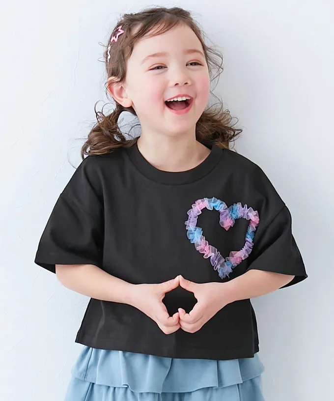 日本 devirock - 俏麗薄紗點綴短袖上衣-愛心-黑