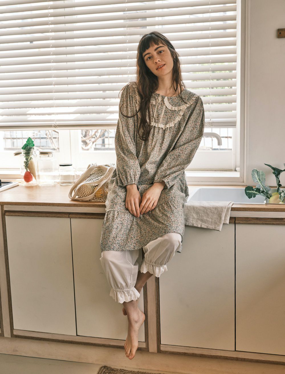 韓國 ULLALA - 浪漫碎花純棉長袖睡衣-(洋裝式)-薄荷綠 (FREE)