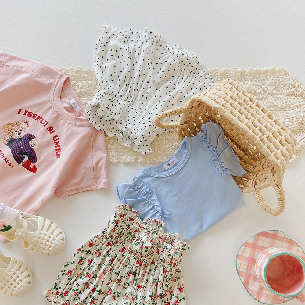 腰鬆緊休閒碎花燈籠短褲-小碎花-黑+白