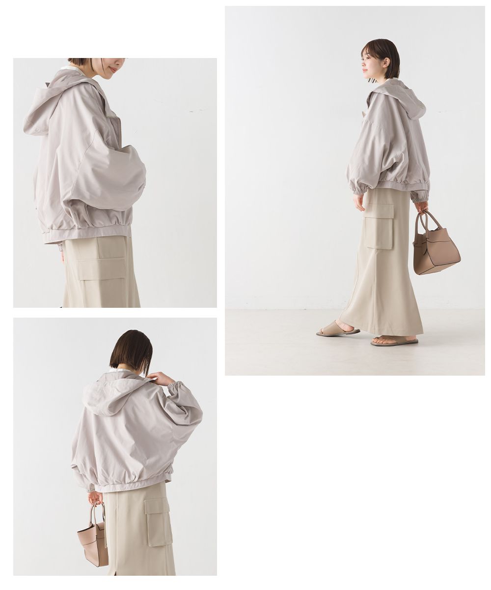 日本 OMNES - 短版澎澎袖風衣連帽外套-淺米杏