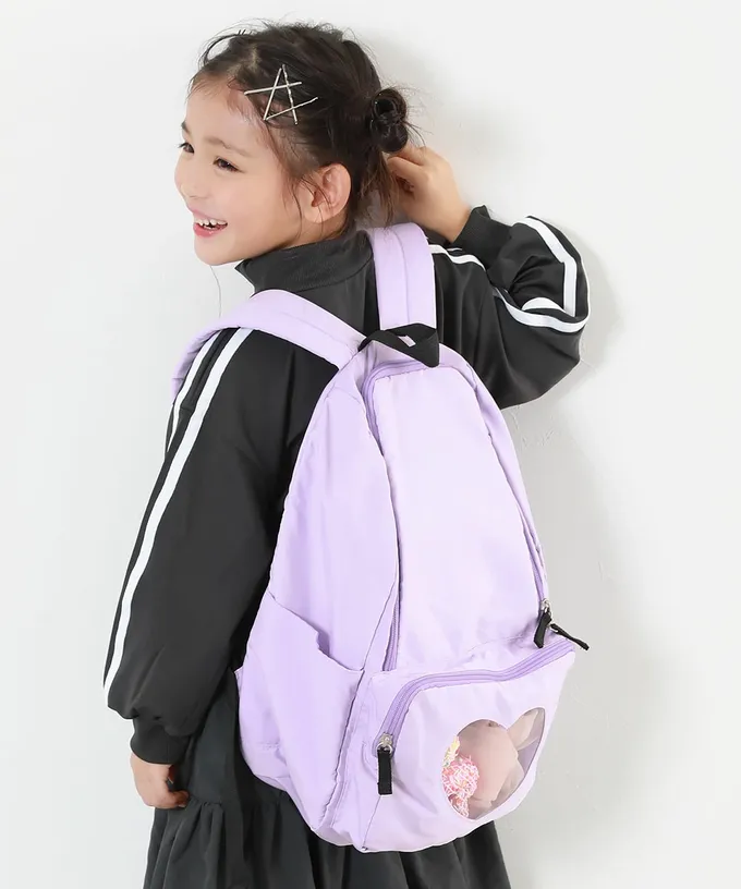 日本 devirock - 心型透明窗(娃包口袋)輕巧大容量後背包-附鏡子-冰藍