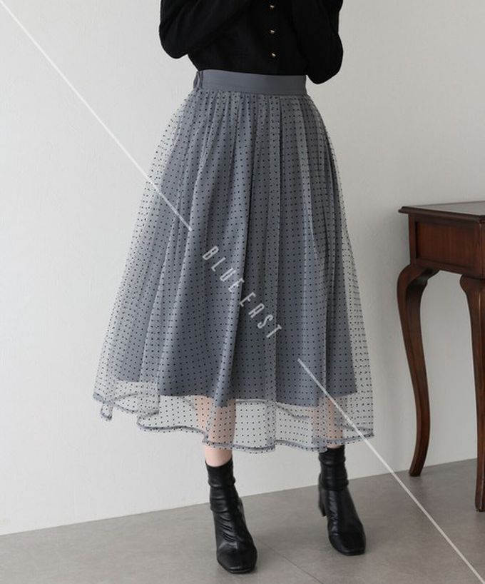 日本 BLUE EAST - 華麗雙層薄紗魅力長裙(可選長度)-水玉-黑