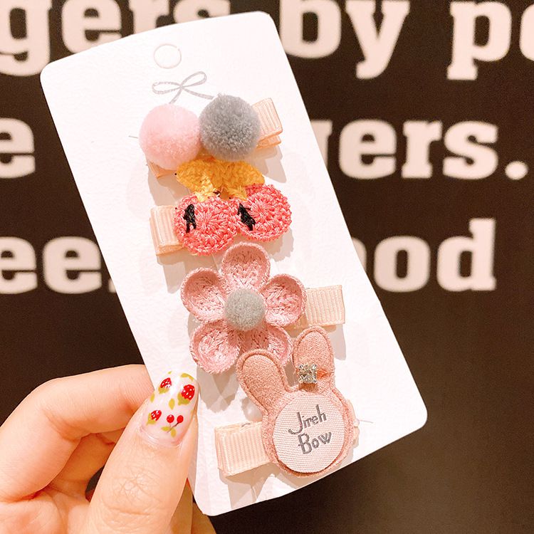 Q萌布藝兒童髮夾4入組-蘋果+蝴蝶結