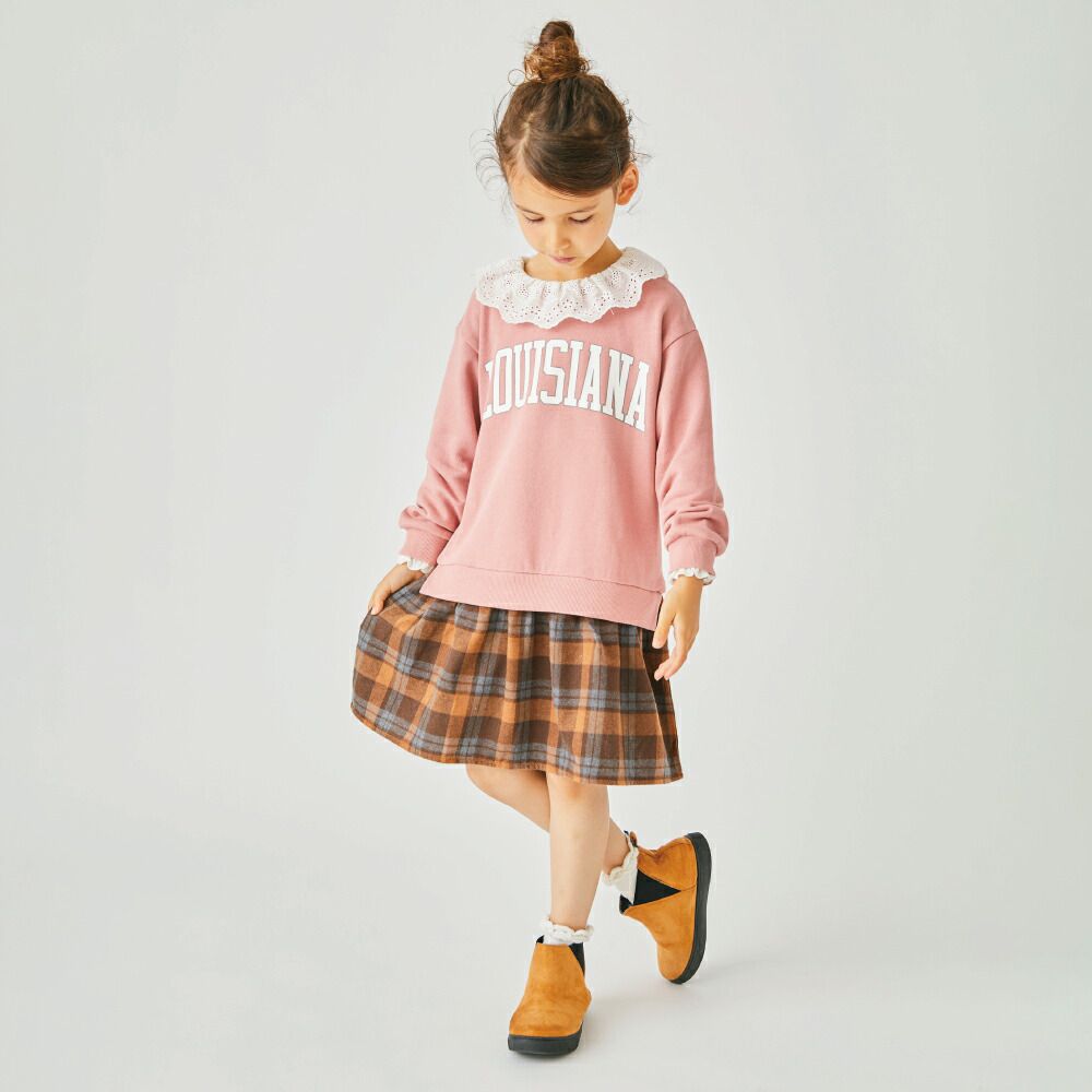 日本 evercloset - 大學風格子拼接長袖洋裝-粉紅x棕格紋