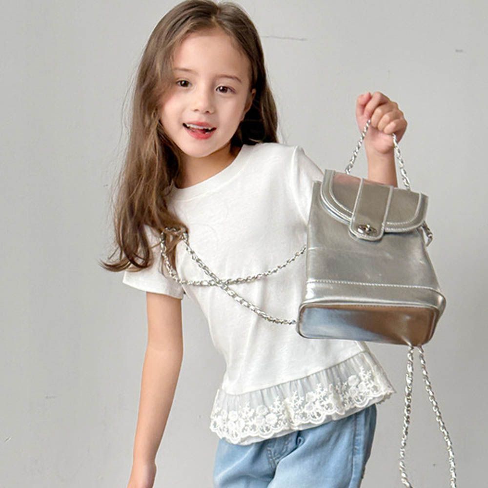 甜美圓領下擺蕾絲拼接短袖上衣-白色