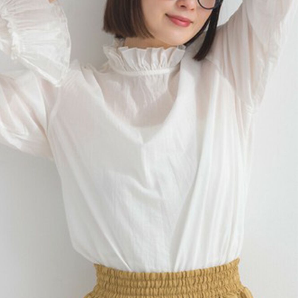 荷葉領輕盈皺摺長袖上衣(疊穿推薦)-白