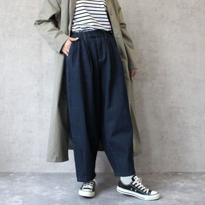 日本女裝代購 - [熱銷款] 超藏肉休閒錐形美腿褲-丹寧-條紋海軍身深藍