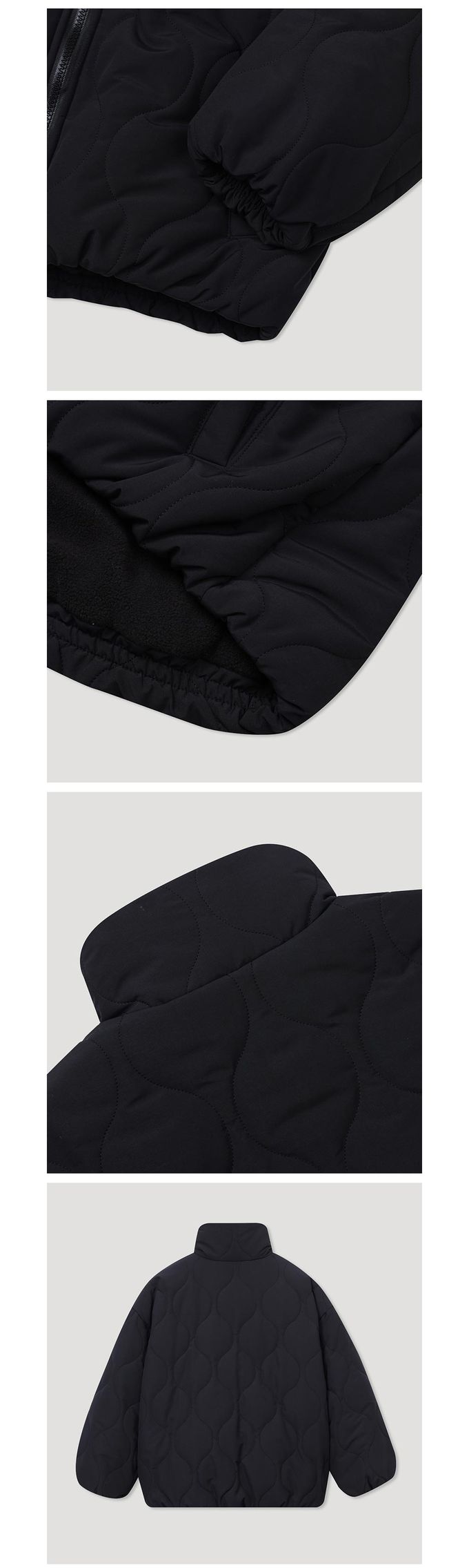 韓國 INDIVIDUEL - 圓形壓紋內磨毛立領拉鍊外套-黑