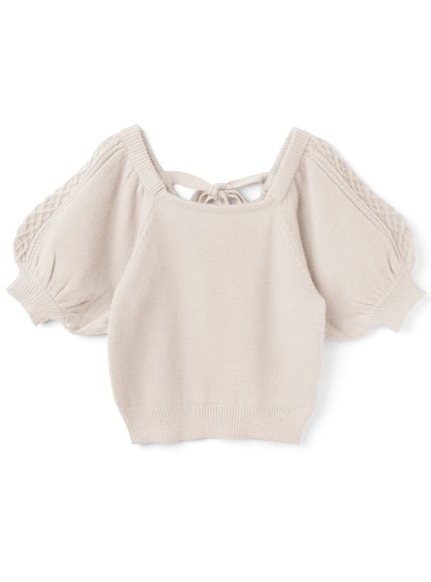 日本 GRL - 美背蝴蝶結麻花泡泡短袖針織上衣-氣質杏 (F)