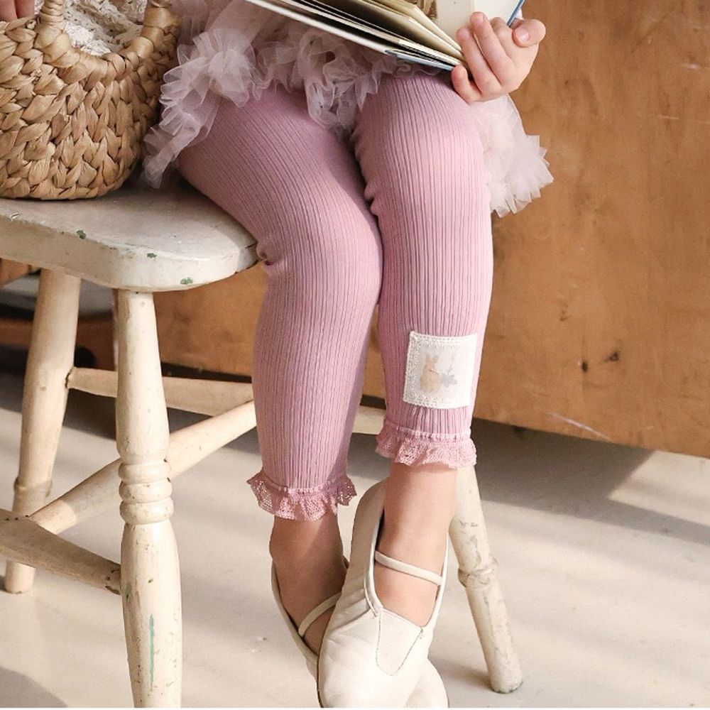 Puellaflo 鬆緊腰兔子蕾絲裝飾彈力內搭褲-藕紫