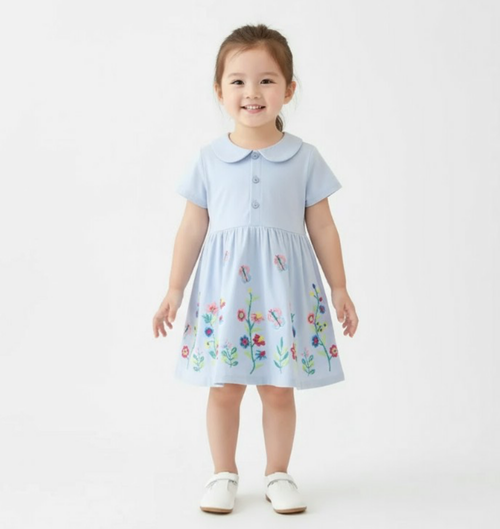 Jumping meters - 娃娃領短袖棉質洋裝-小小花園-藍色