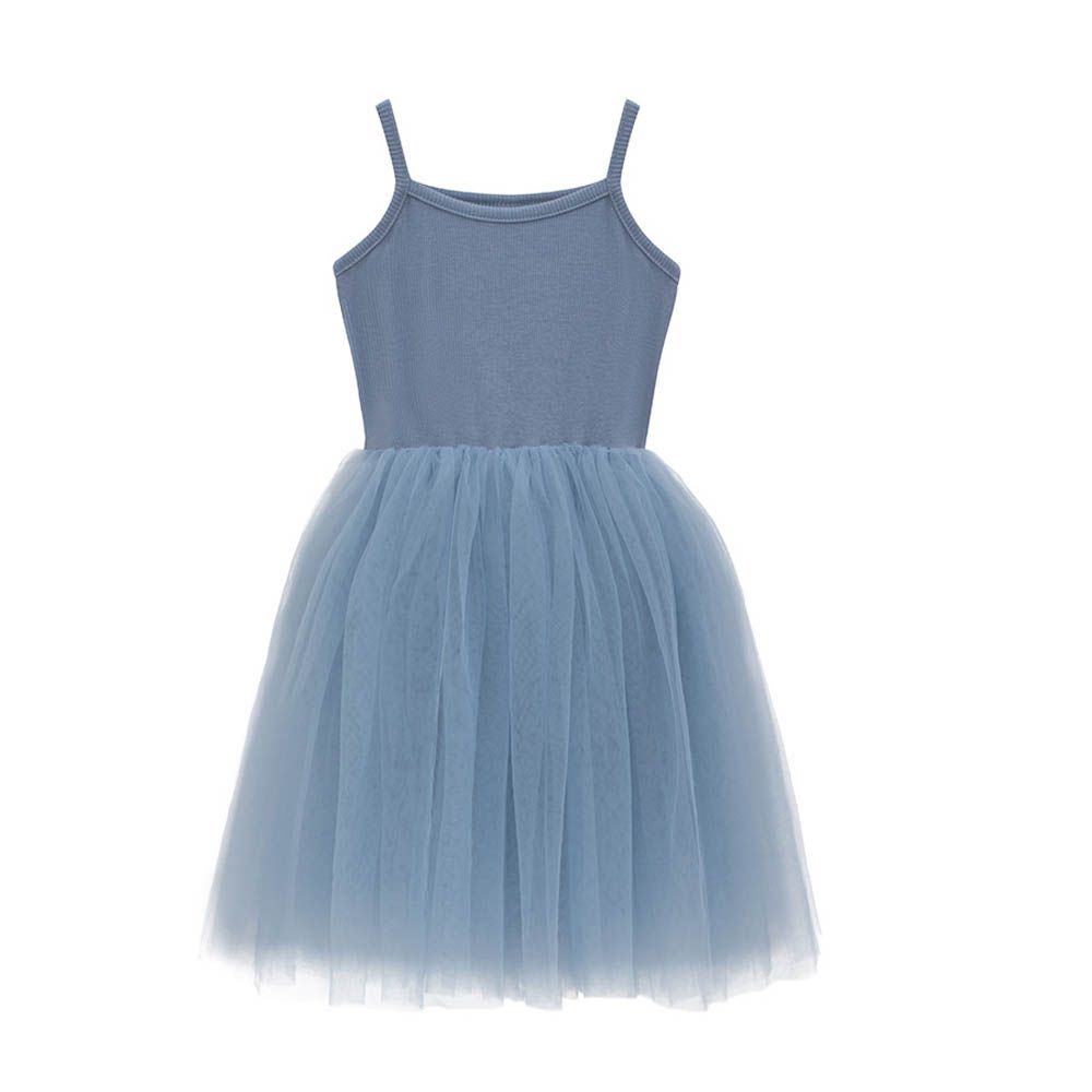 彈力螺紋細肩帶澎澎紗裙洋裝-灰藍色