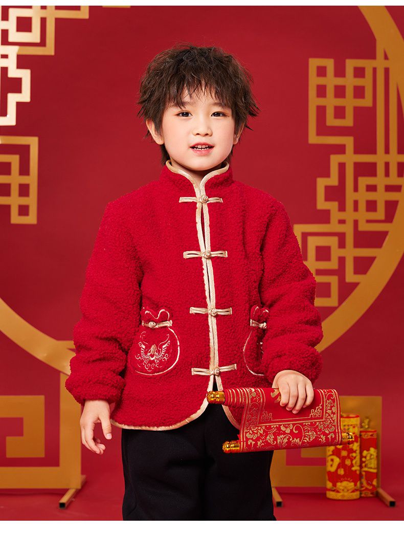 漢服風喜氣拜年立領盤釦外套-福氣口袋-紅色