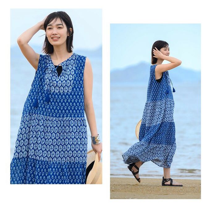 日本 OMNES - 100%印度棉 奢華印花流蘇無袖洋裝-紫