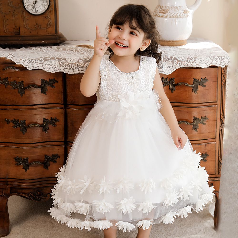 蕾絲網紗圓領無袖公主裙-立體花花-粉色