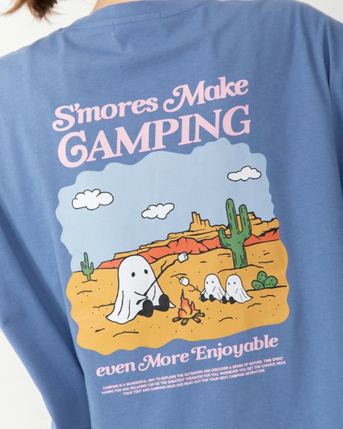 日本 gleam - 俏皮露營幽靈印花寬大風短袖T恤-燕麥灰