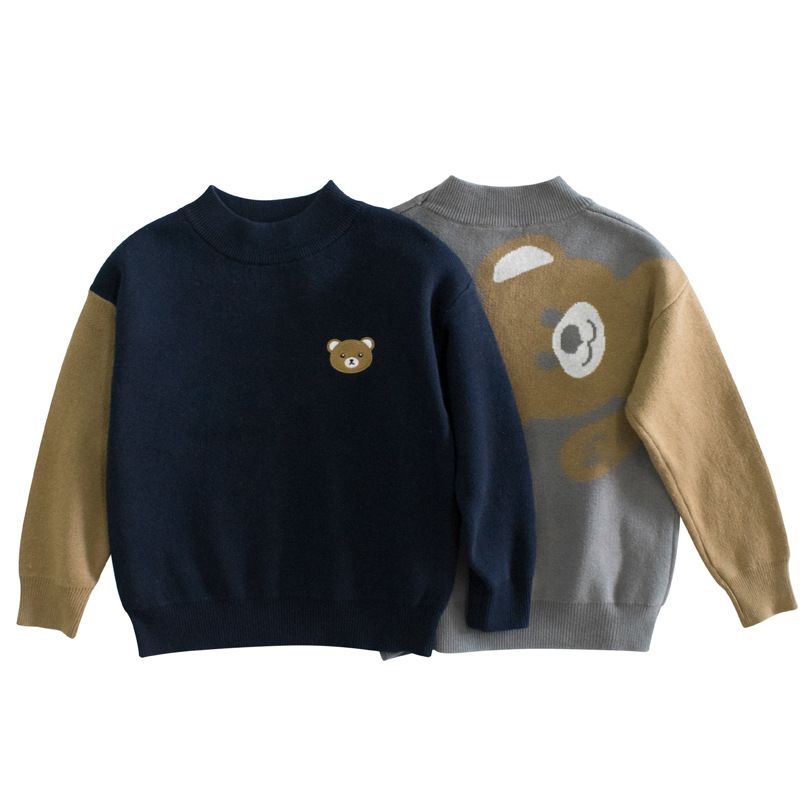 純棉毛線針織拼色上衣-熊熊-灰色