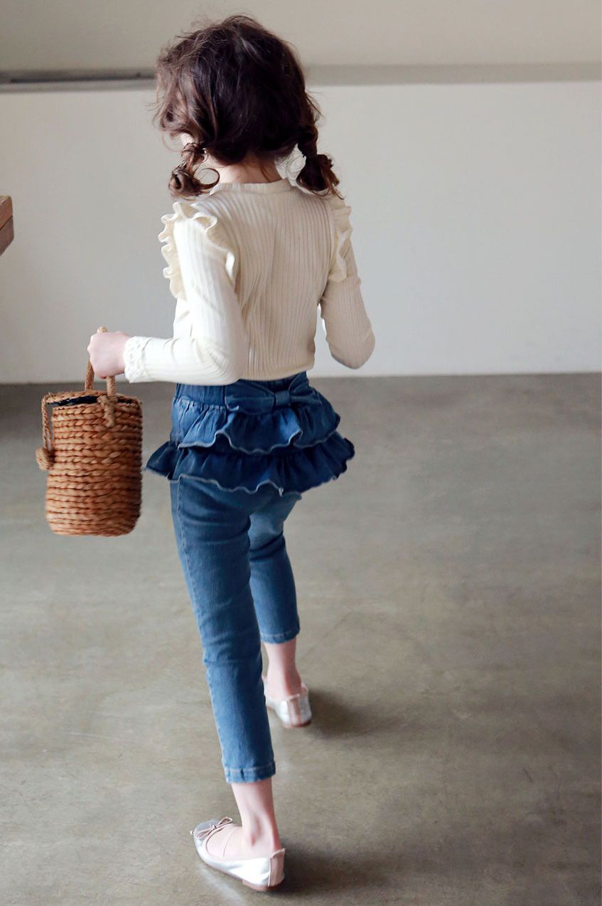 韓國 PuellaFLO - 蝴蝶結蛋糕裙長褲-深藍