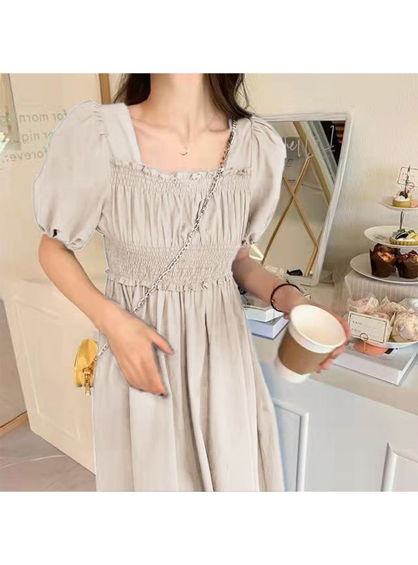 日本 GRL - 優雅公主方領泡泡袖洋裝-奶茶杏 (M)