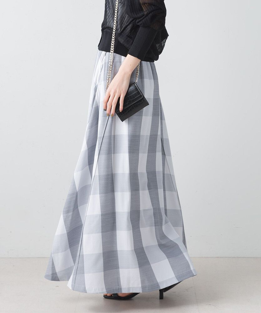 日本女裝代購 - 文藝大格紋修身長裙-淺灰藍