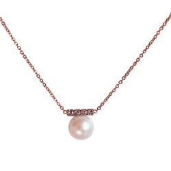 日本 Melody Accessory - 優雅單顆珍珠橫式水鑽項鍊-玫瑰金