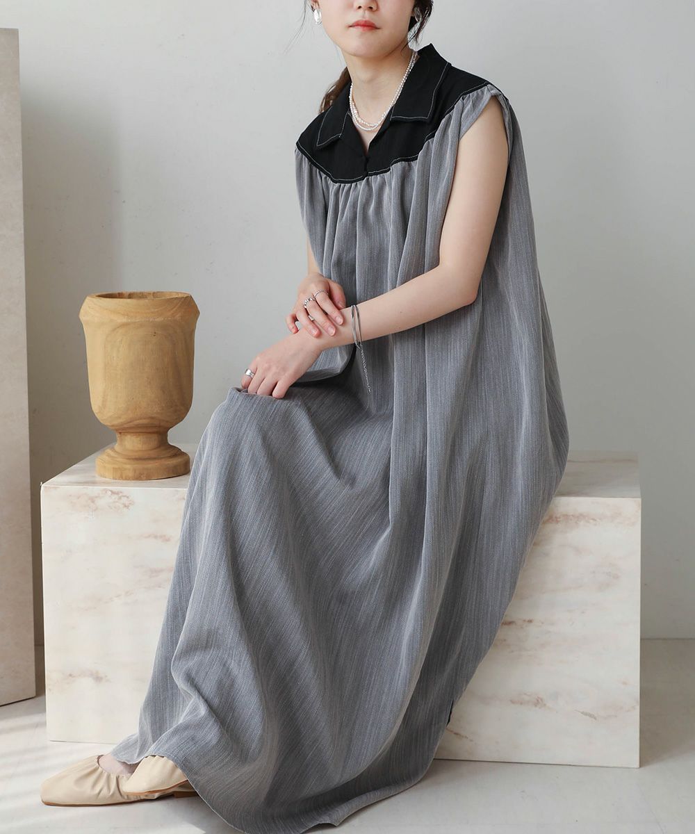 日本 Bou Jeloud - 翻領撞色設計款無袖洋裝-米x褐