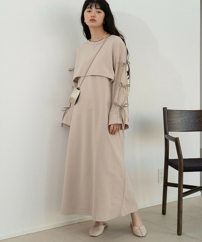 日本 Bab - 袖蝴蝶結層次感喇叭袖洋裝-象牙米