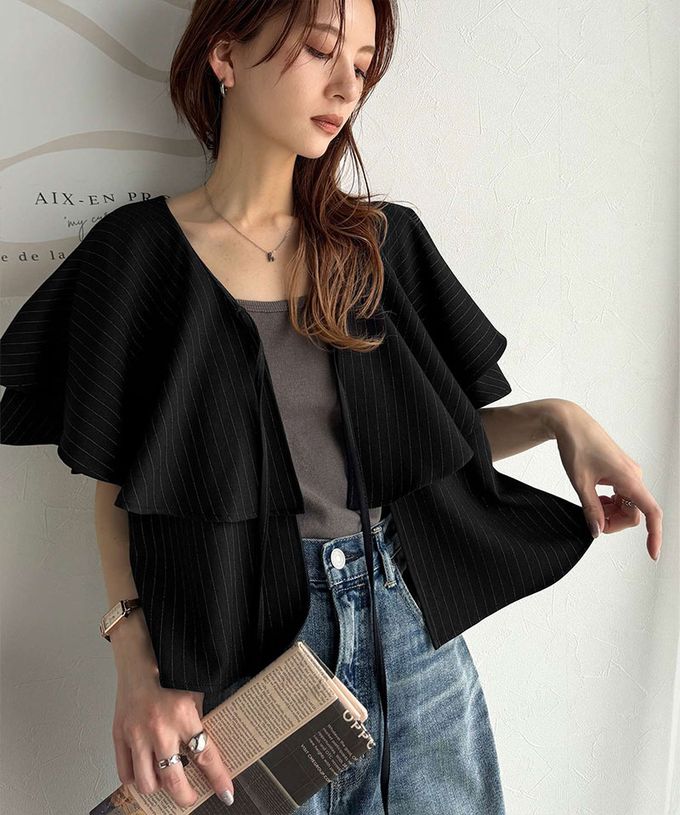 日本 Classical Elf - 前後2way優雅荷葉大翻領上衣-細條紋-咖啡