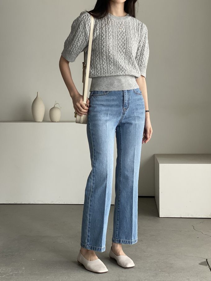 韓國女裝連線 - 麻花辮編織五分袖針織上衣-淺灰 (FREE)