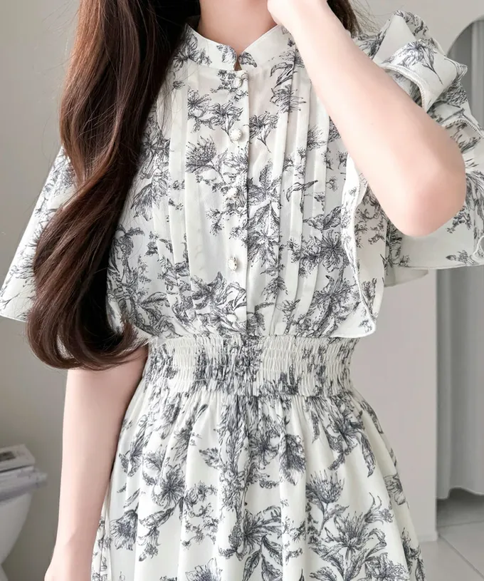 日本 Classical Elf - 優雅質感荷葉袖碎花洋裝-甜美白