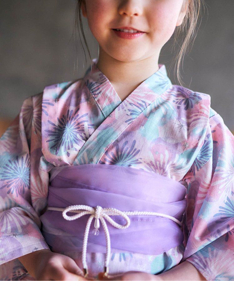 日本 apres les cours - 華麗腰帶風純棉二件式浴衣-椿花-紅藍條紋