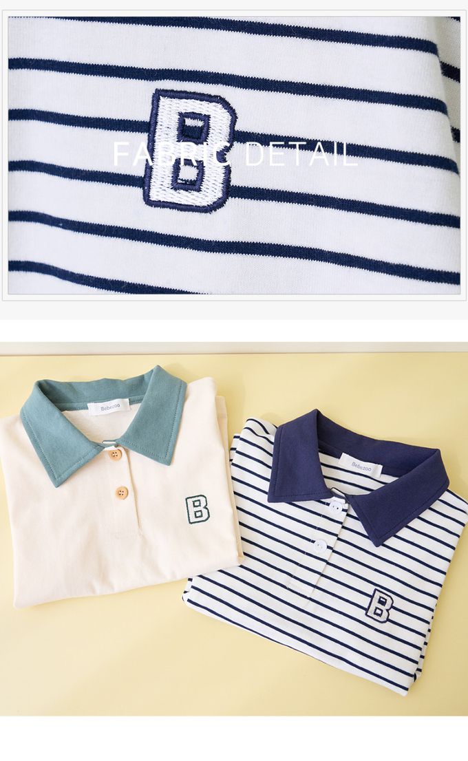 韓國 Bebezoo - 刺繡品牌標誌翻領短袖上衣-橫紋-海軍藍