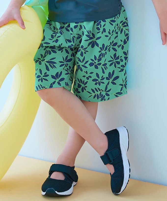 日本 devirock - 90%抗UV 鬆緊印花沙灘褲/泳褲(含內褲)-棕櫚樹-海軍藍