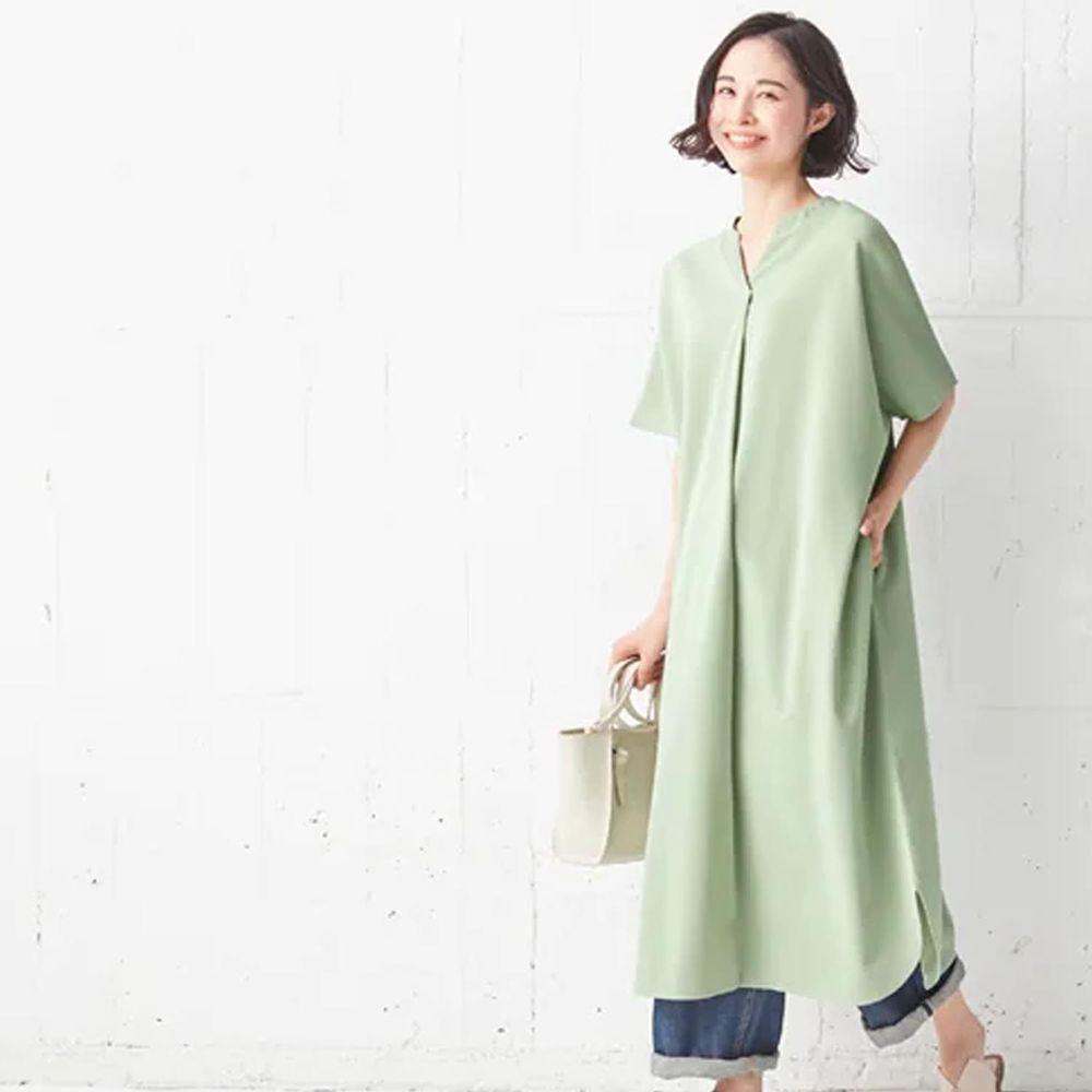 日本 BELLUNA - 防曬涼感 舒適小V領休閒短袖洋裝-薄荷綠
