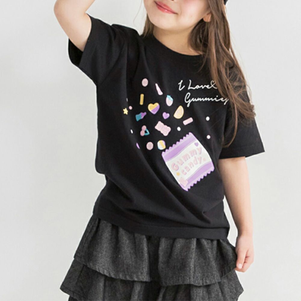 100%天竺棉女孩短袖上衣-軟糖爆炸-黑