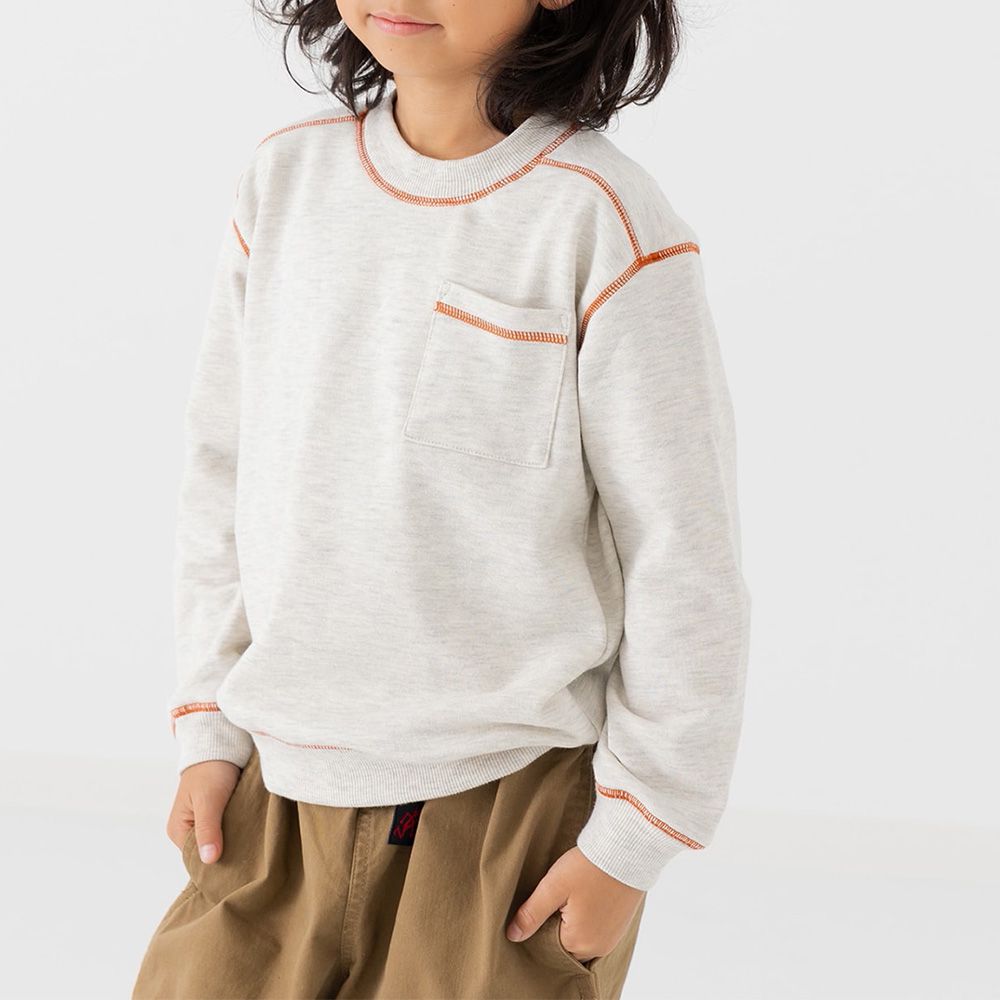 配色縫線簡約裏毛長袖上衣-燕麥灰x橘線