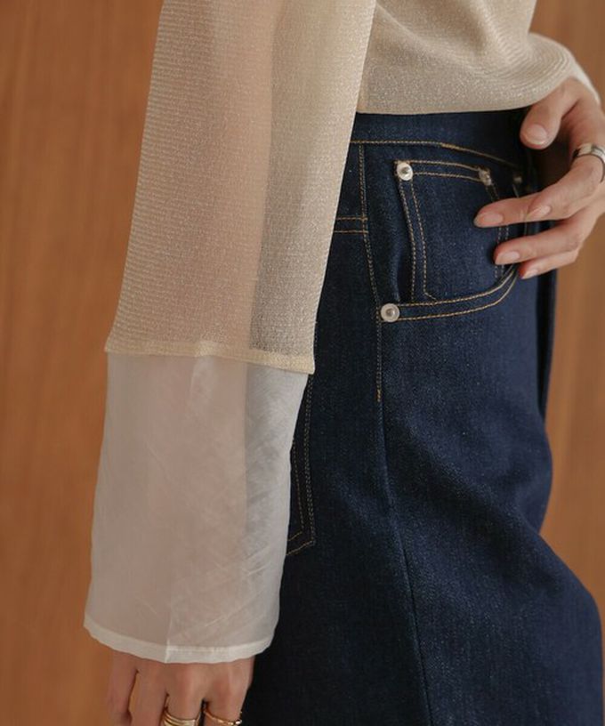 日本 Bab - 亮麗光澤歐根紗拼接透膚薄長袖上衣-淺卡其