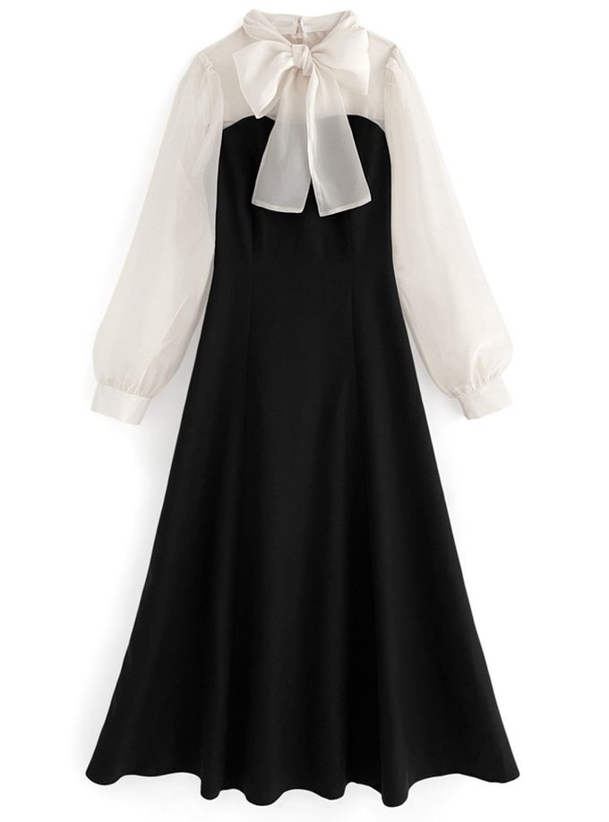 日本 GRL - 法式優雅雪紡拼接洋裝-黑