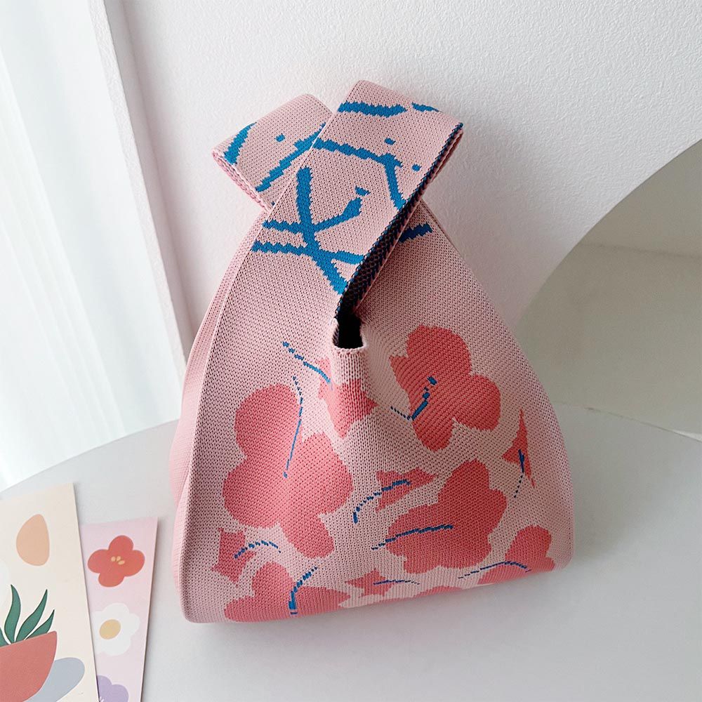 輕便休閒針織手拿包/手提包-粉色花朵 (20x35cm)